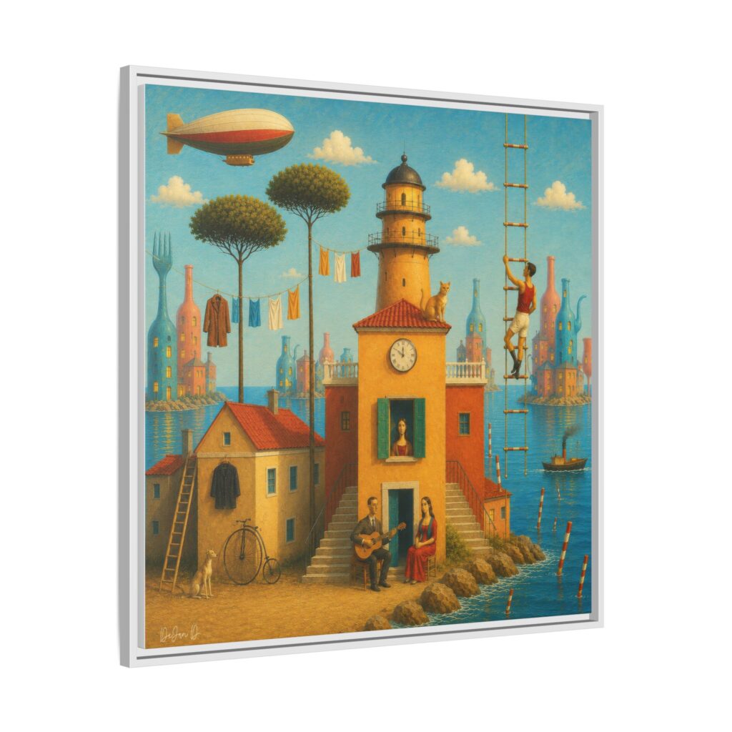 Surreal Coastal Lighthouse Matte Framed Canvas Print