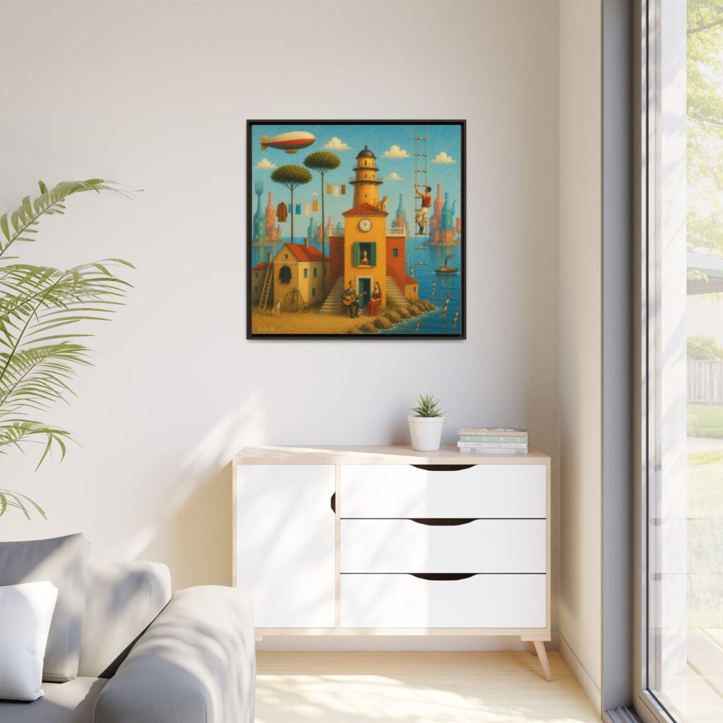 Surreal Coastal Lighthouse Matte Framed Canvas Print