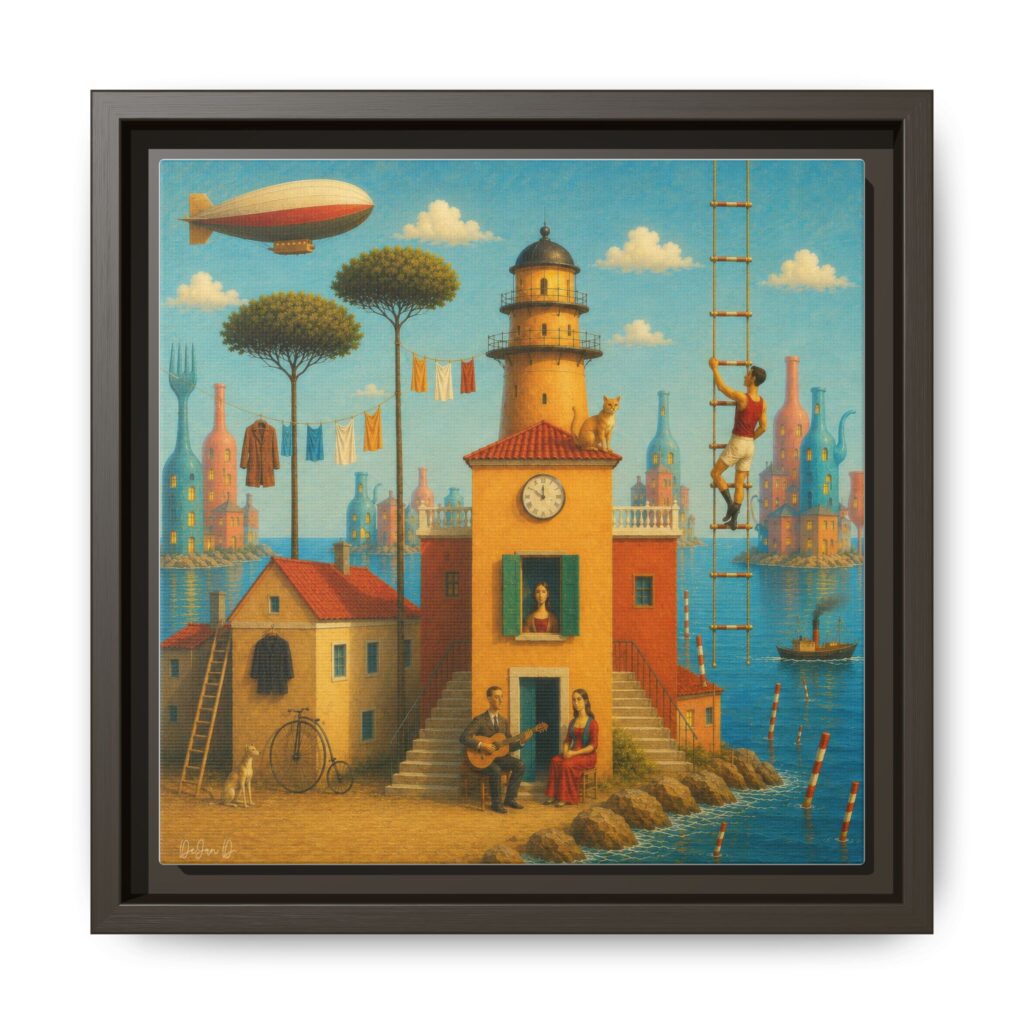 Surreal Coastal Lighthouse Matte Framed Canvas Print