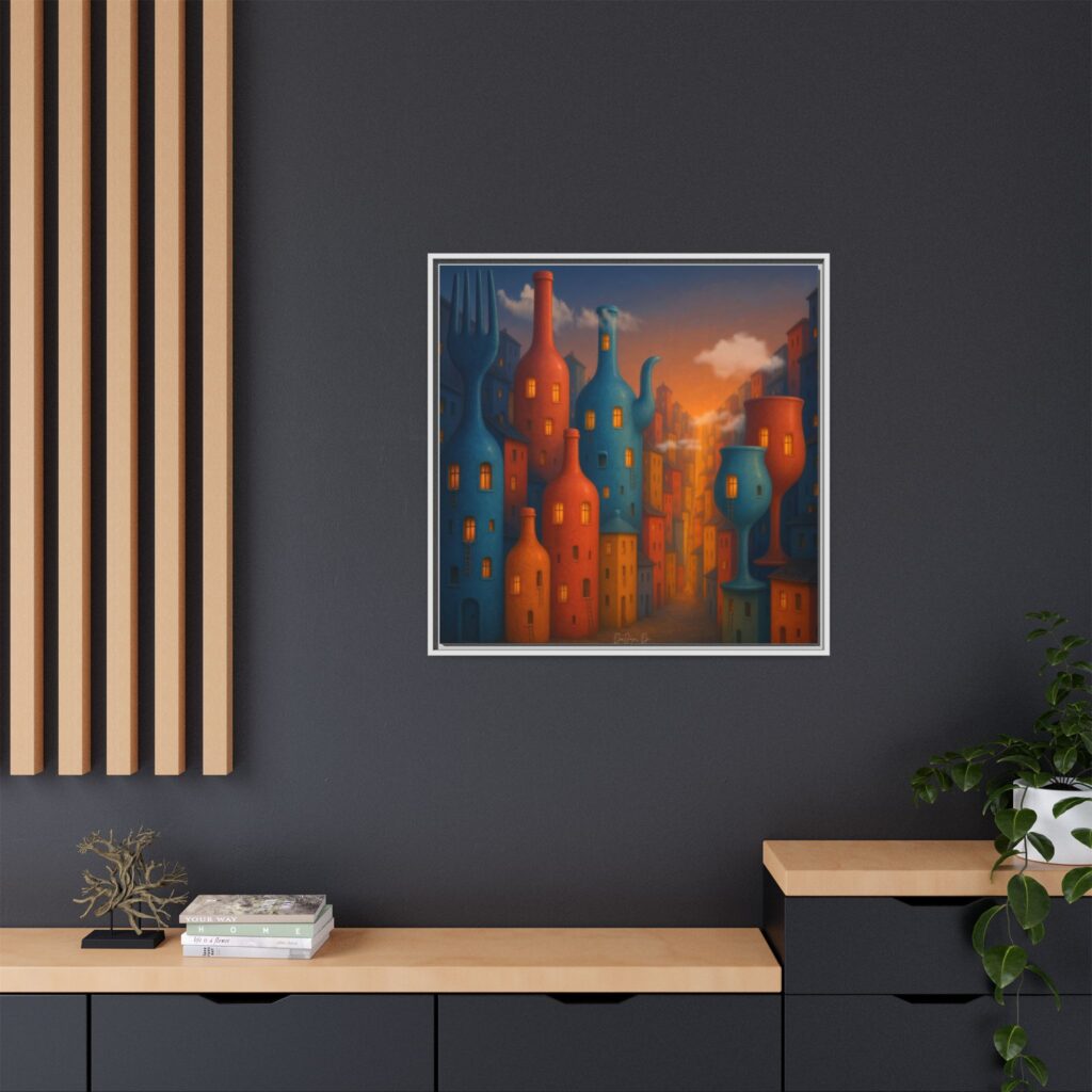 Metropolis of Bottled Souls – Surreal Cityscape Framed Canvas — Colorful Bottle-Building Wall Art