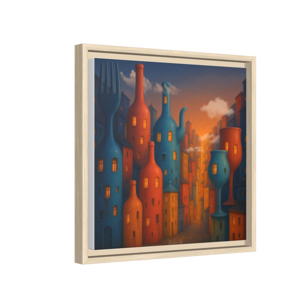 Metropolis of Bottled Souls – Surreal Cityscape Framed Canvas — Colorful Bottle-Building Wall Art