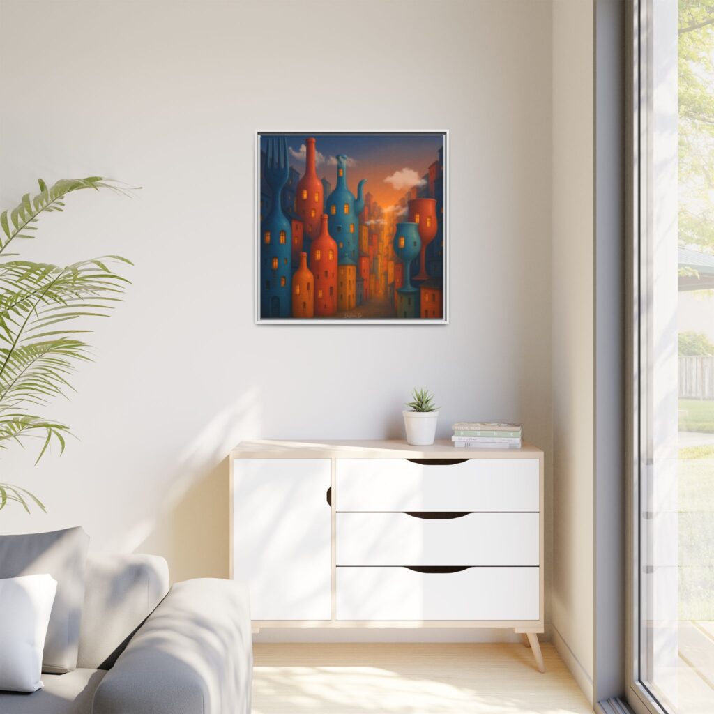 Metropolis of Bottled Souls – Surreal Cityscape Framed Canvas — Colorful Bottle-Building Wall Art