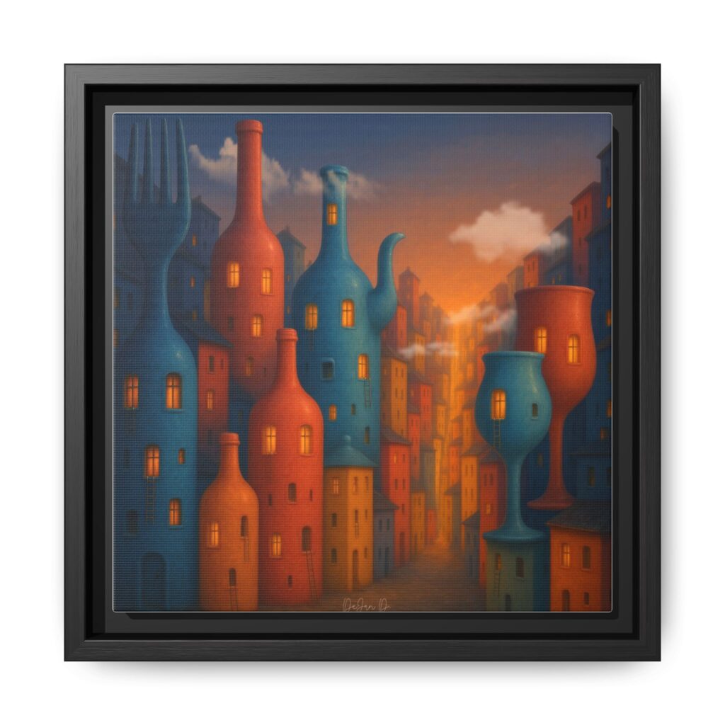 Metropolis of Bottled Souls – Surreal Cityscape Framed Canvas — Colorful Bottle-Building Wall Art