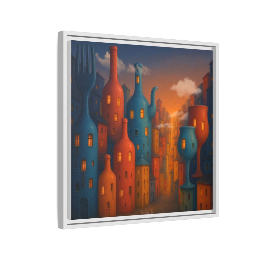 Metropolis of Bottled Souls – Surreal Cityscape Framed Canvas — Colorful Bottle-Building Wall Art