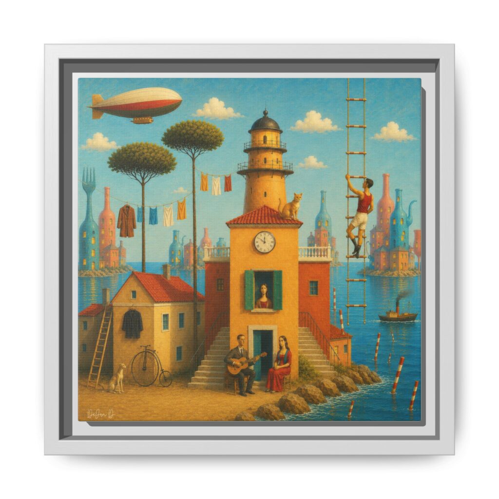 Surreal Coastal Lighthouse Matte Framed Canvas Print