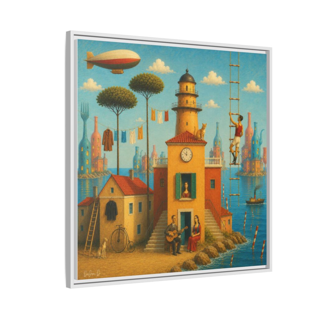 Surreal Coastal Lighthouse Matte Framed Canvas Print