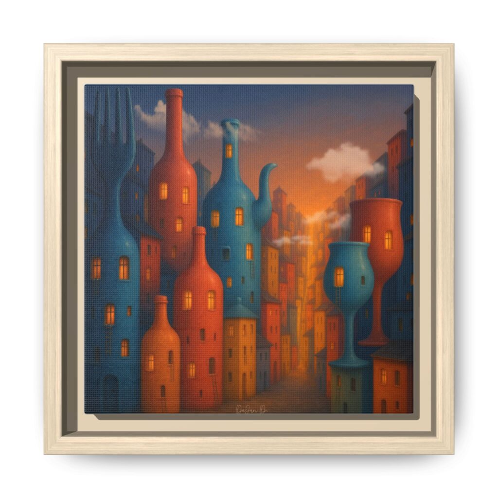 Metropolis of Bottled Souls – Surreal Cityscape Framed Canvas — Colorful Bottle-Building Wall Art