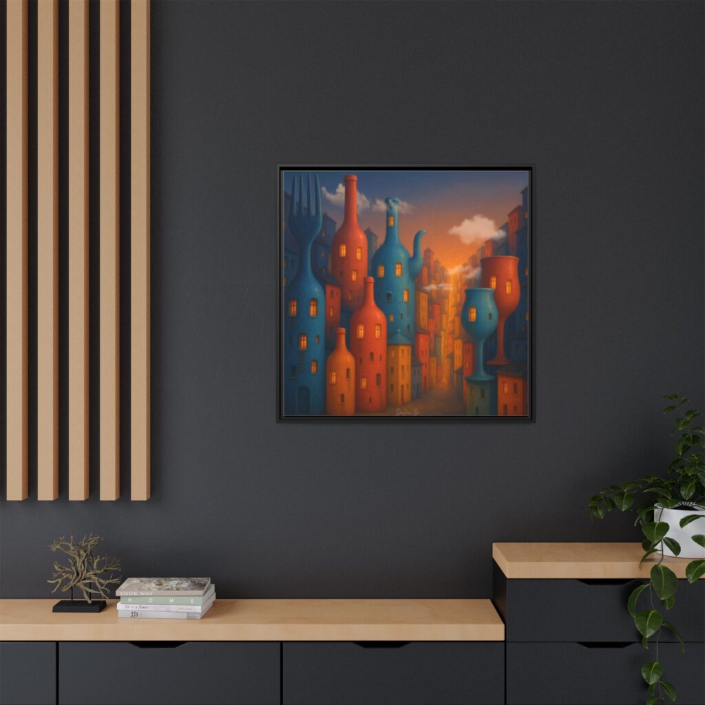 Metropolis of Bottled Souls – Surreal Cityscape Framed Canvas — Colorful Bottle-Building Wall Art