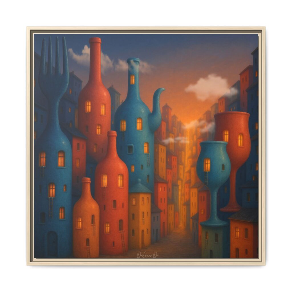 Metropolis of Bottled Souls – Surreal Cityscape Framed Canvas — Colorful Bottle-Building Wall Art