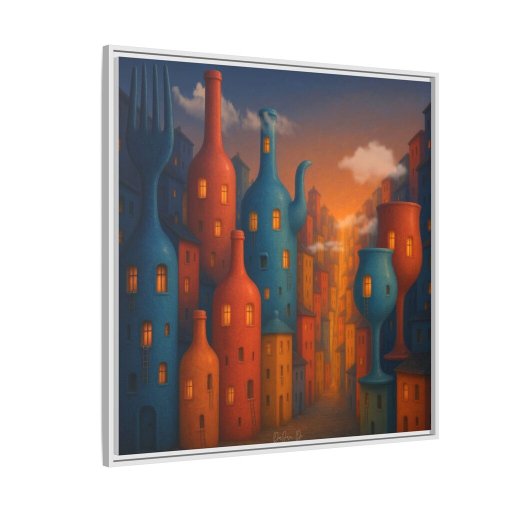 Metropolis of Bottled Souls – Surreal Cityscape Framed Canvas — Colorful Bottle-Building Wall Art
