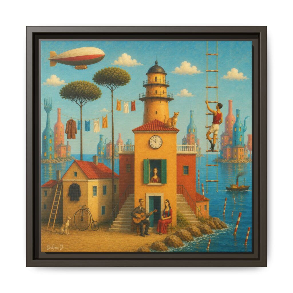 Surreal Coastal Lighthouse Matte Framed Canvas Print