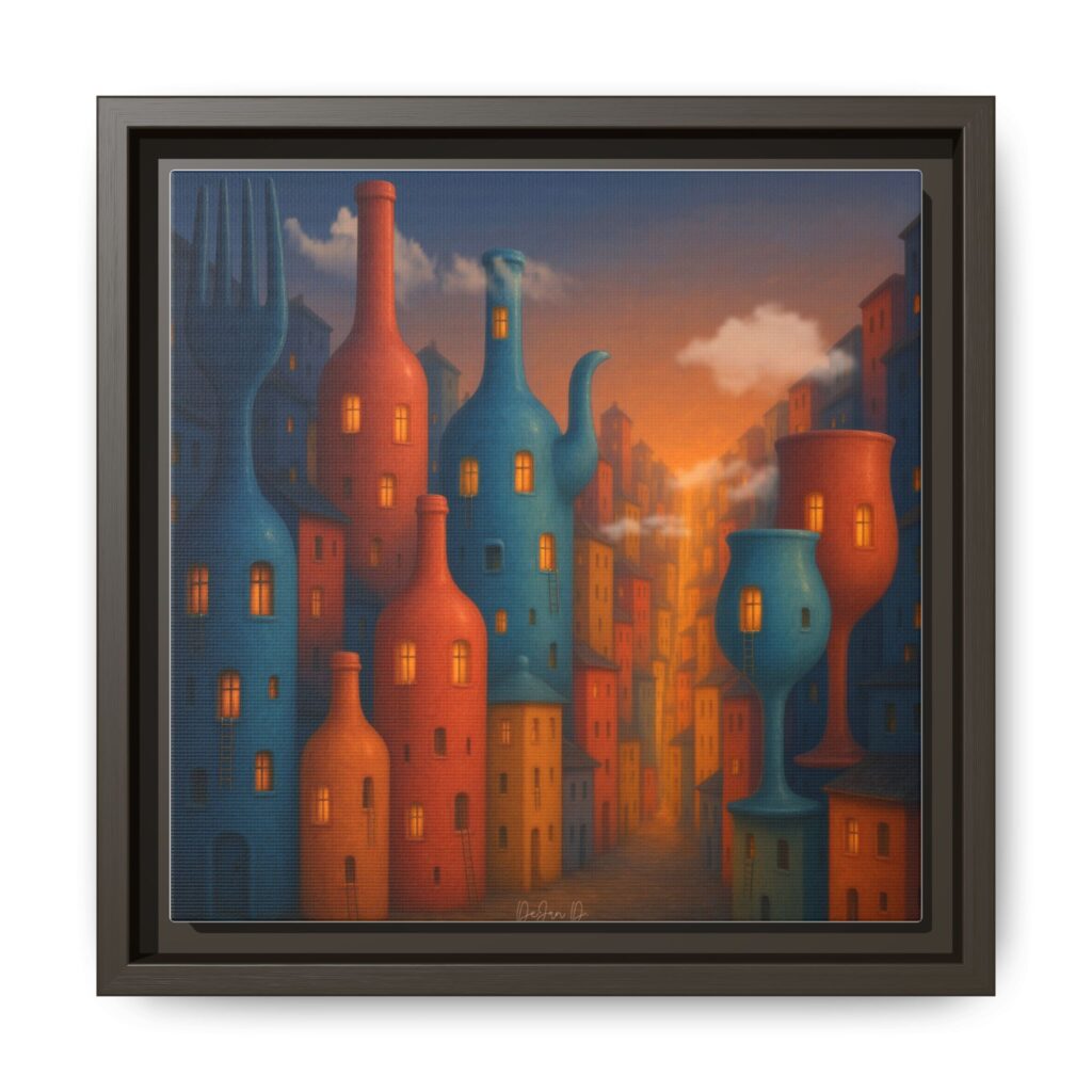 Metropolis of Bottled Souls – Surreal Cityscape Framed Canvas — Colorful Bottle-Building Wall Art