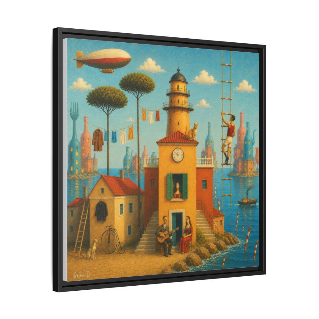 Surreal Coastal Lighthouse Matte Framed Canvas Print