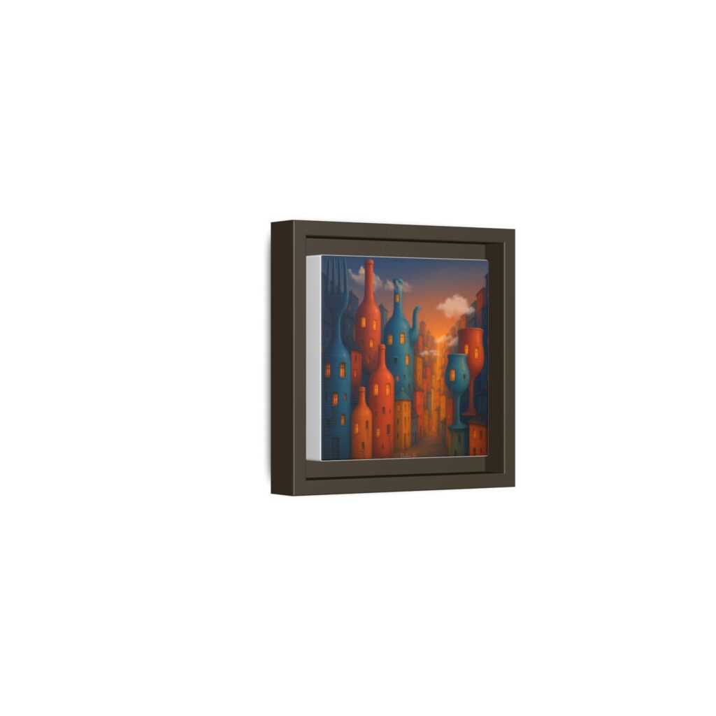 Metropolis of Bottled Souls – Surreal Cityscape Framed Canvas — Colorful Bottle-Building Wall Art