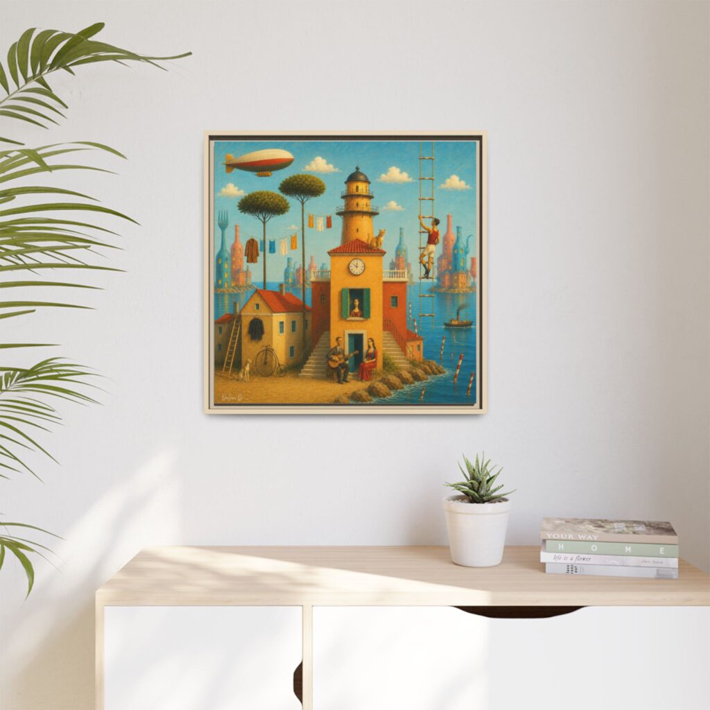Surreal Coastal Lighthouse Matte Framed Canvas Print