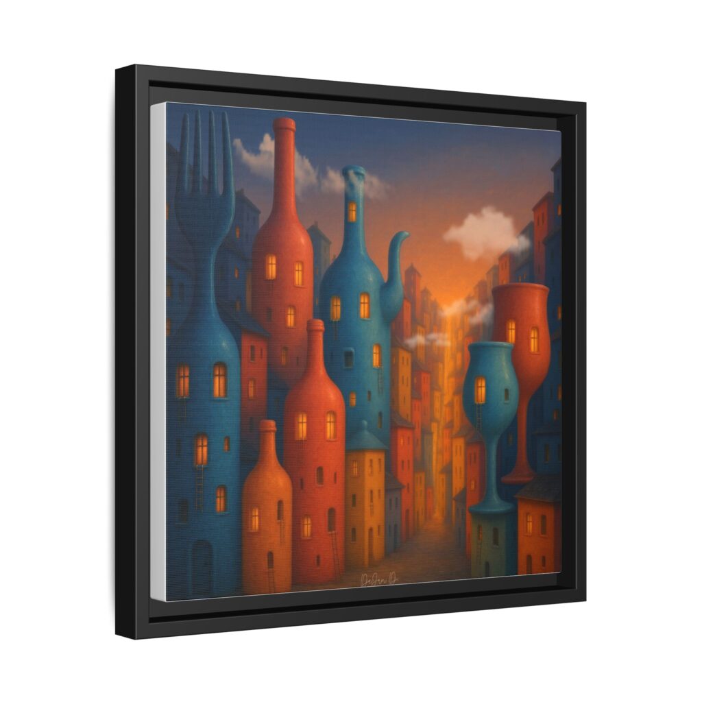 Metropolis of Bottled Souls – Surreal Cityscape Framed Canvas — Colorful Bottle-Building Wall Art