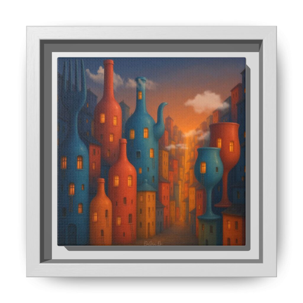 Metropolis of Bottled Souls – Surreal Cityscape Framed Canvas — Colorful Bottle-Building Wall Art