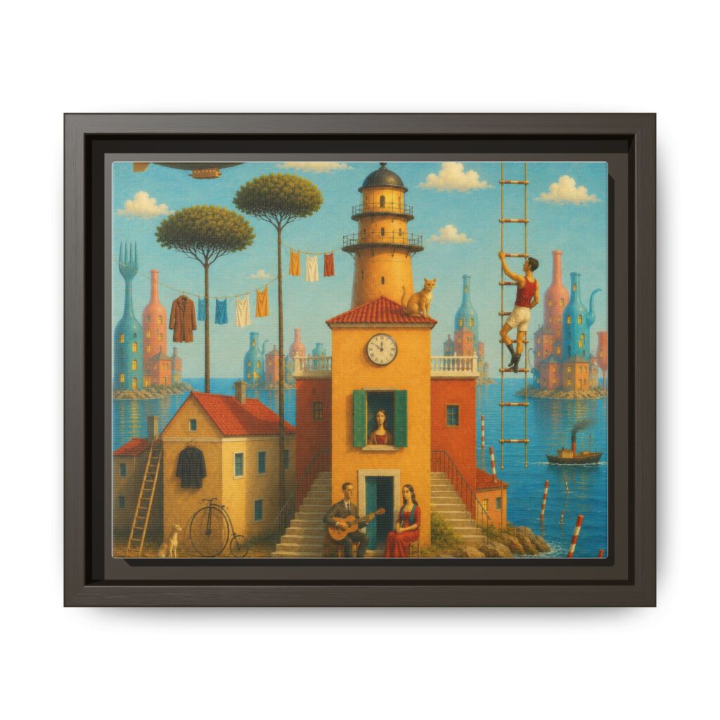 Surreal Coastal Lighthouse Matte Framed Canvas Print