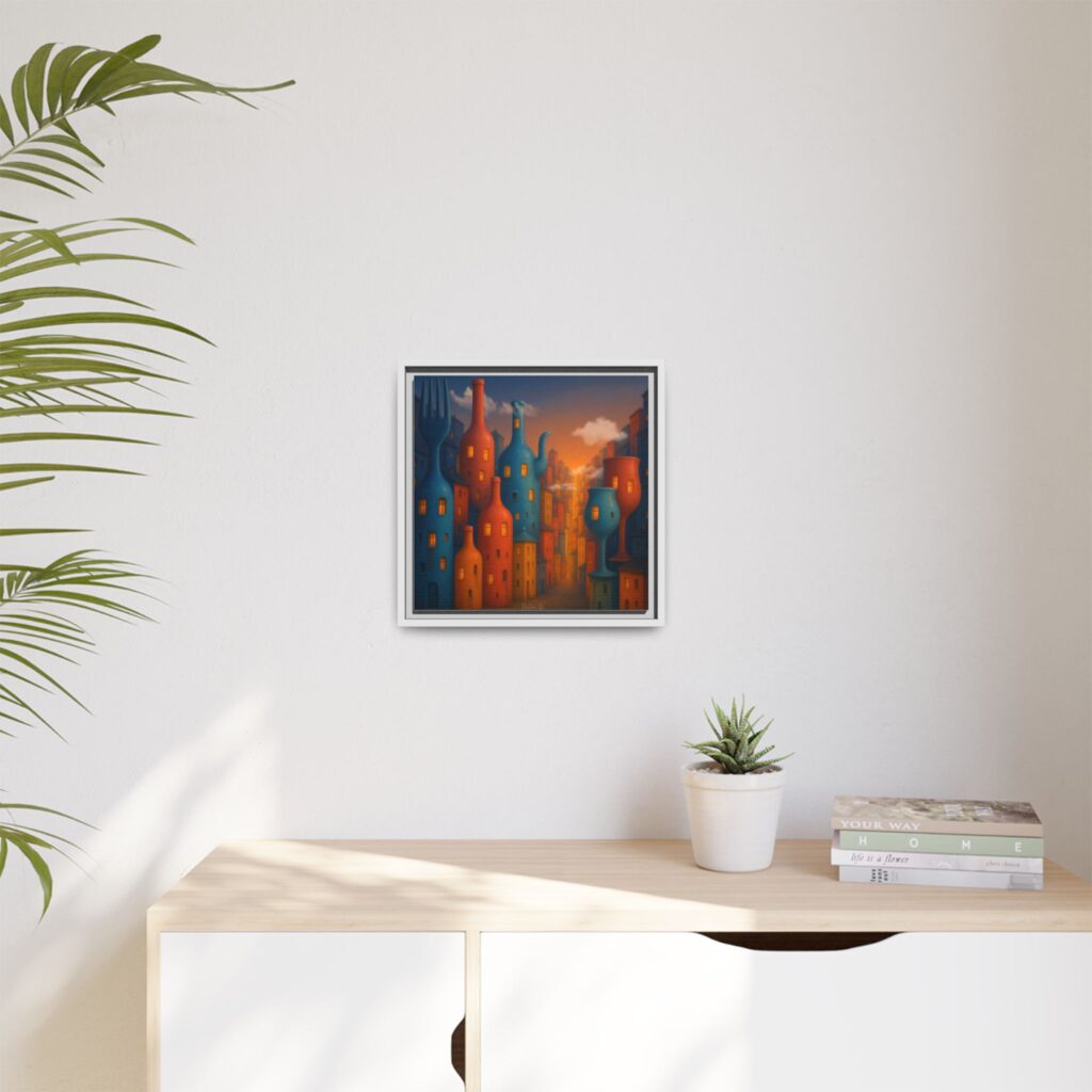 Metropolis of Bottled Souls – Surreal Cityscape Framed Canvas — Colorful Bottle-Building Wall Art