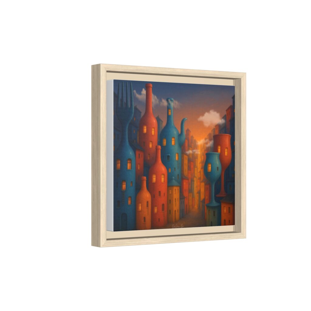 Metropolis of Bottled Souls – Surreal Cityscape Framed Canvas — Colorful Bottle-Building Wall Art