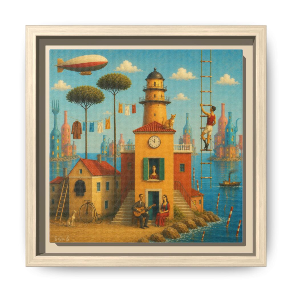 Surreal Coastal Lighthouse Matte Framed Canvas Print