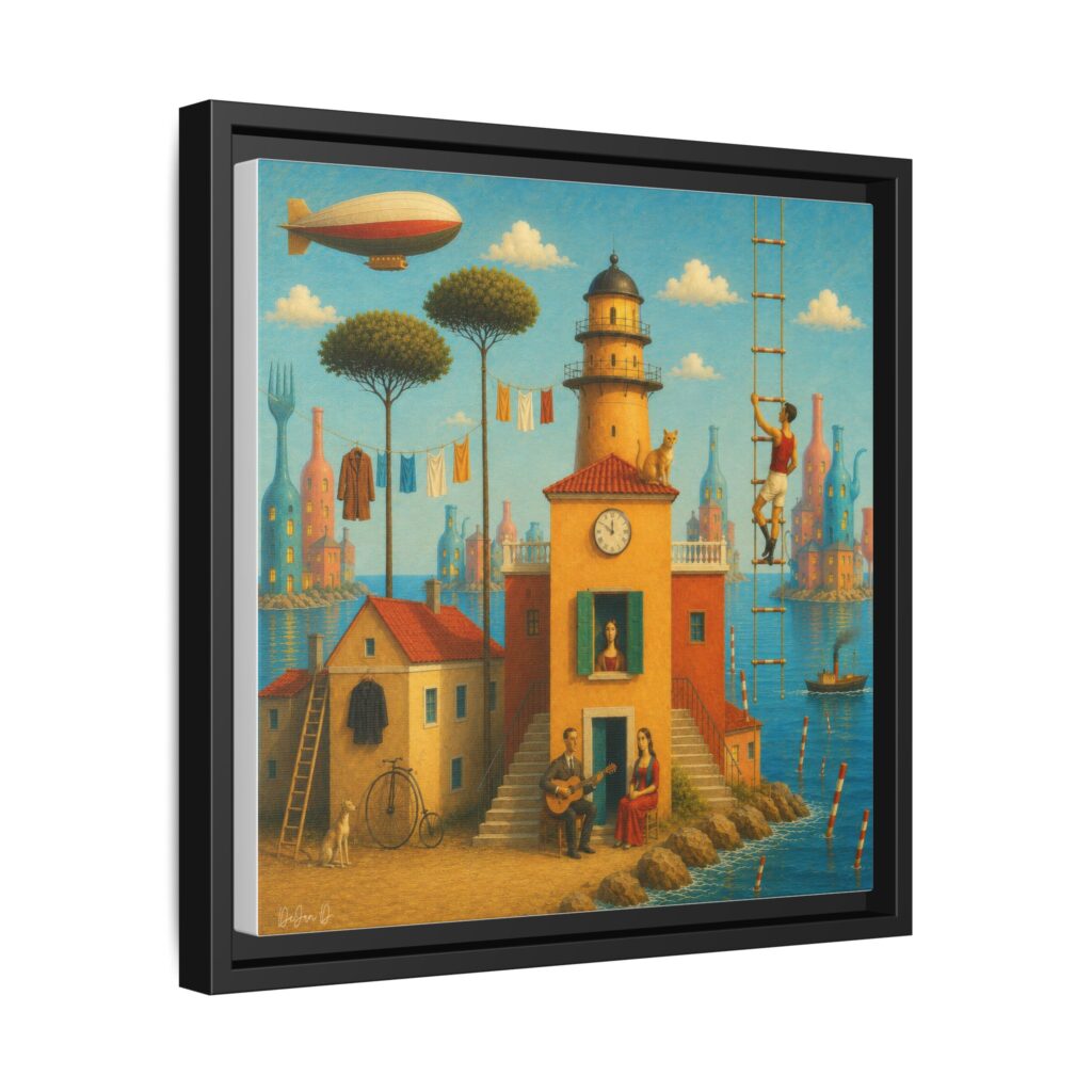 Surreal Coastal Lighthouse Matte Framed Canvas Print