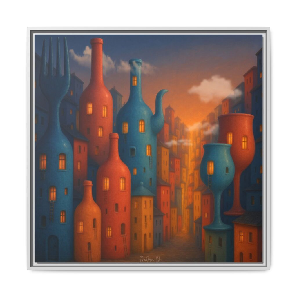 Metropolis of Bottled Souls – Surreal Cityscape Framed Canvas — Colorful Bottle-Building Wall Art