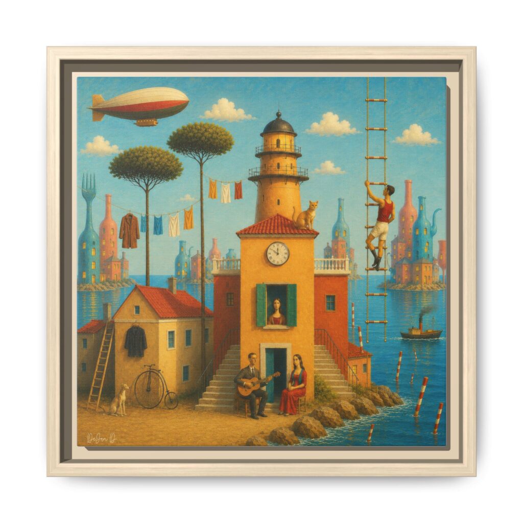 Surreal Coastal Lighthouse Matte Framed Canvas Print