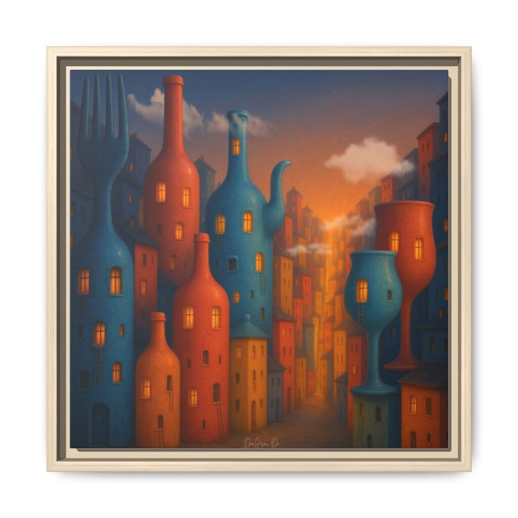 Metropolis of Bottled Souls – Surreal Cityscape Framed Canvas — Colorful Bottle-Building Wall Art