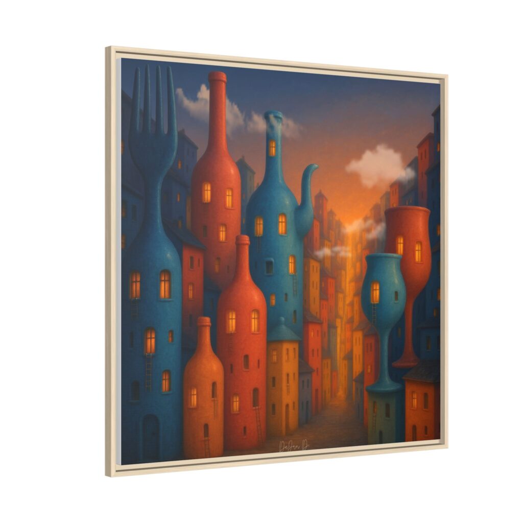 Metropolis of Bottled Souls – Surreal Cityscape Framed Canvas — Colorful Bottle-Building Wall Art