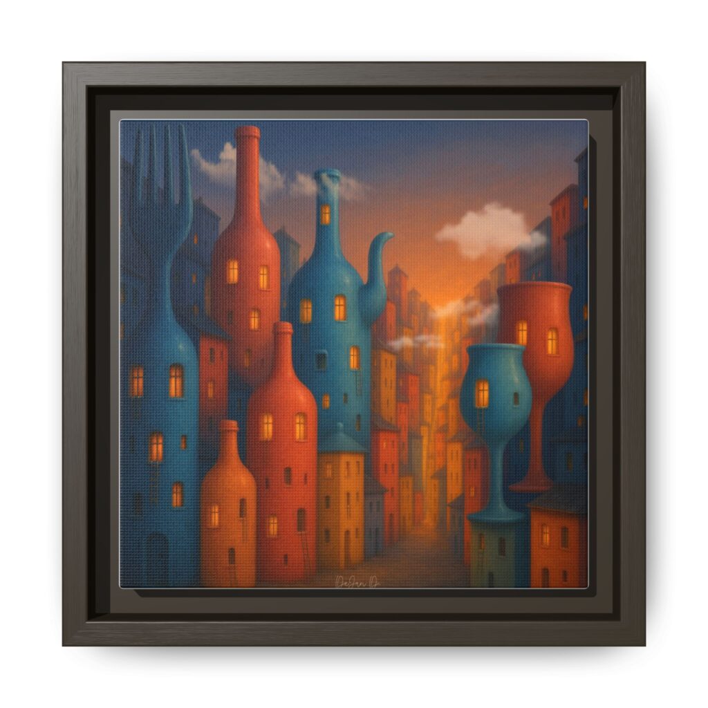 Metropolis of Bottled Souls – Surreal Cityscape Framed Canvas — Colorful Bottle-Building Wall Art