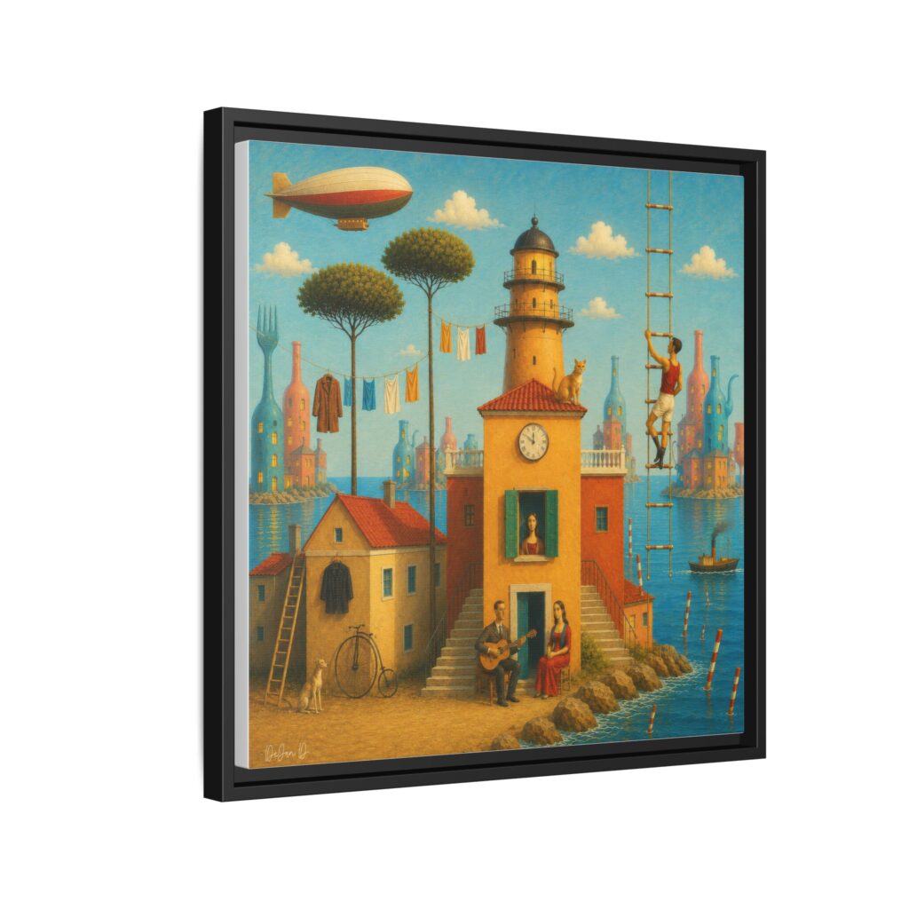 Surreal Coastal Lighthouse Matte Framed Canvas Print