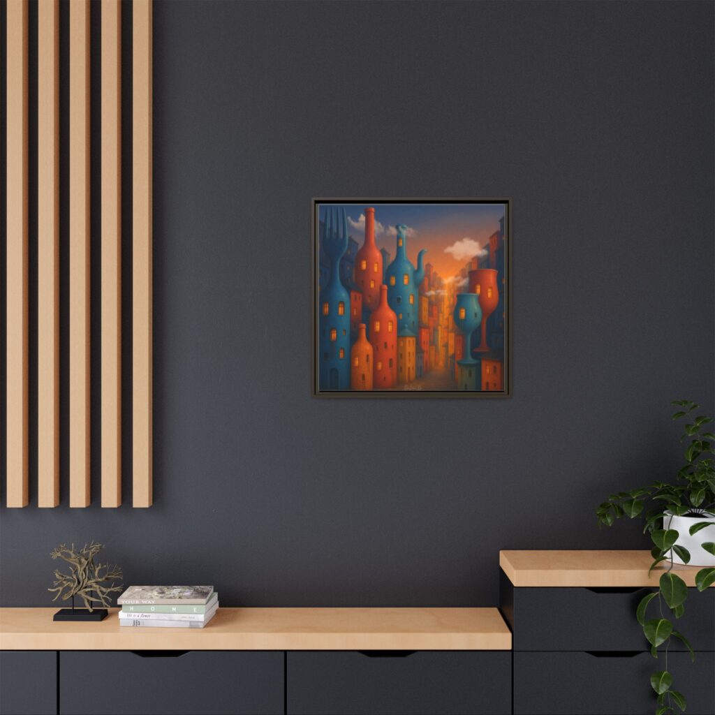Metropolis of Bottled Souls – Surreal Cityscape Framed Canvas — Colorful Bottle-Building Wall Art