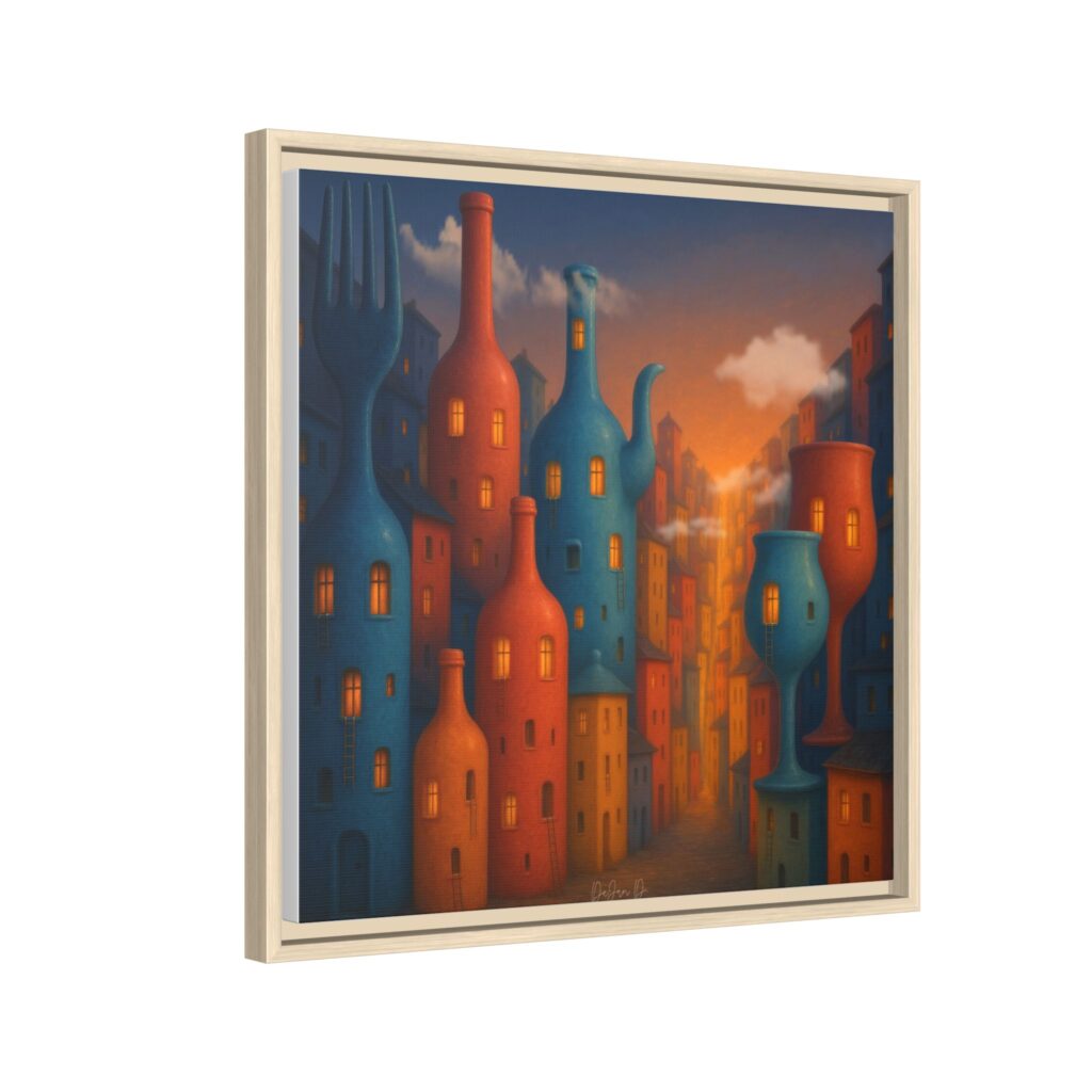 Metropolis of Bottled Souls – Surreal Cityscape Framed Canvas — Colorful Bottle-Building Wall Art