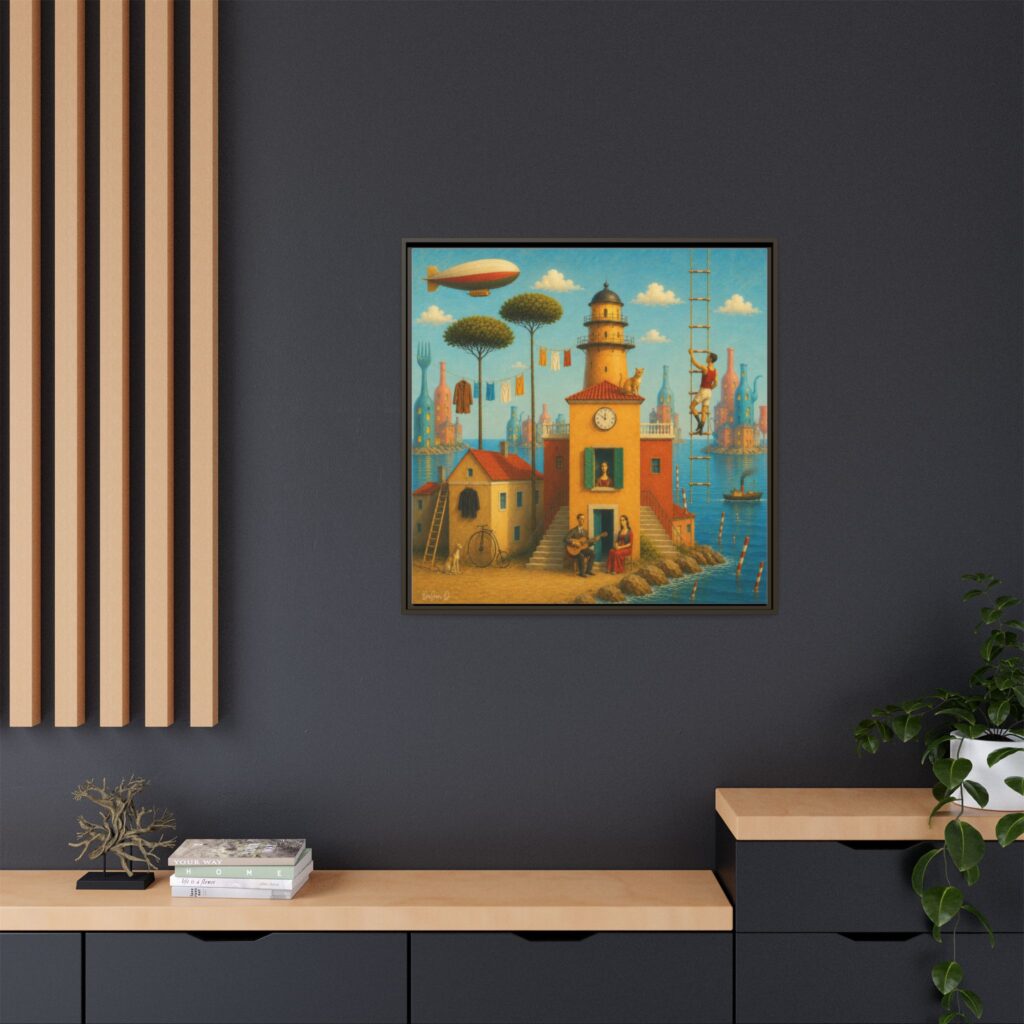 Surreal Coastal Lighthouse Matte Framed Canvas Print