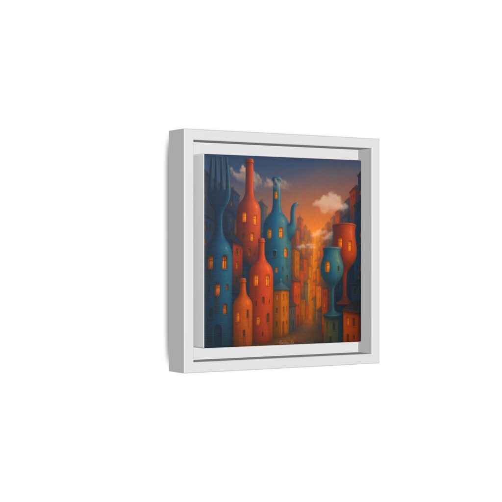 Metropolis of Bottled Souls – Surreal Cityscape Framed Canvas — Colorful Bottle-Building Wall Art