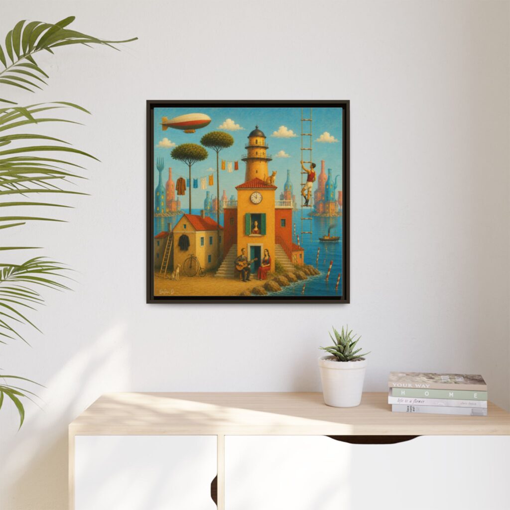 Surreal Coastal Lighthouse Matte Framed Canvas Print