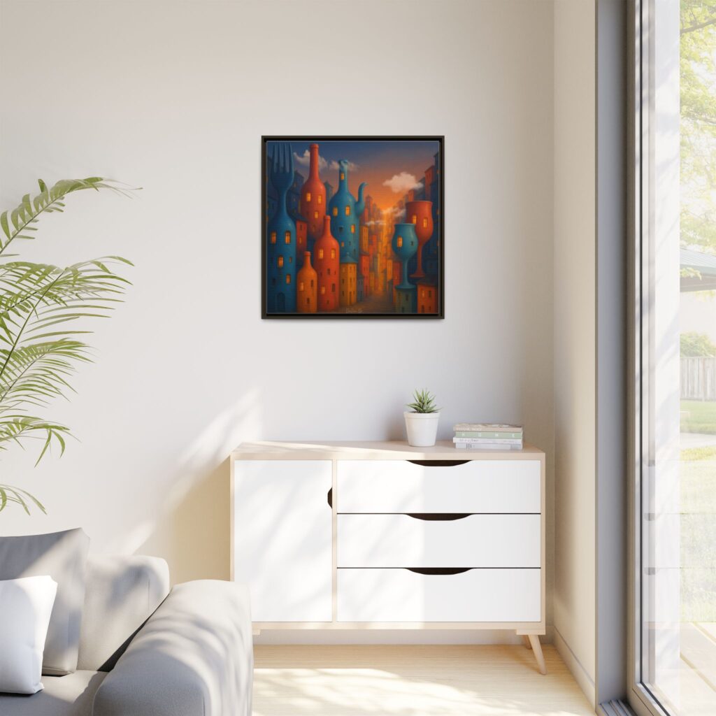 Metropolis of Bottled Souls – Surreal Cityscape Framed Canvas — Colorful Bottle-Building Wall Art