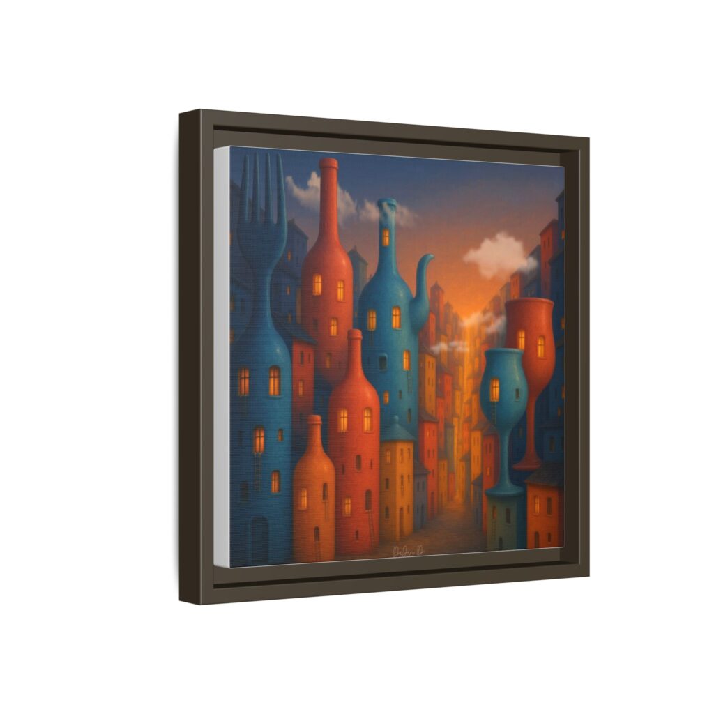 Metropolis of Bottled Souls – Surreal Cityscape Framed Canvas — Colorful Bottle-Building Wall Art
