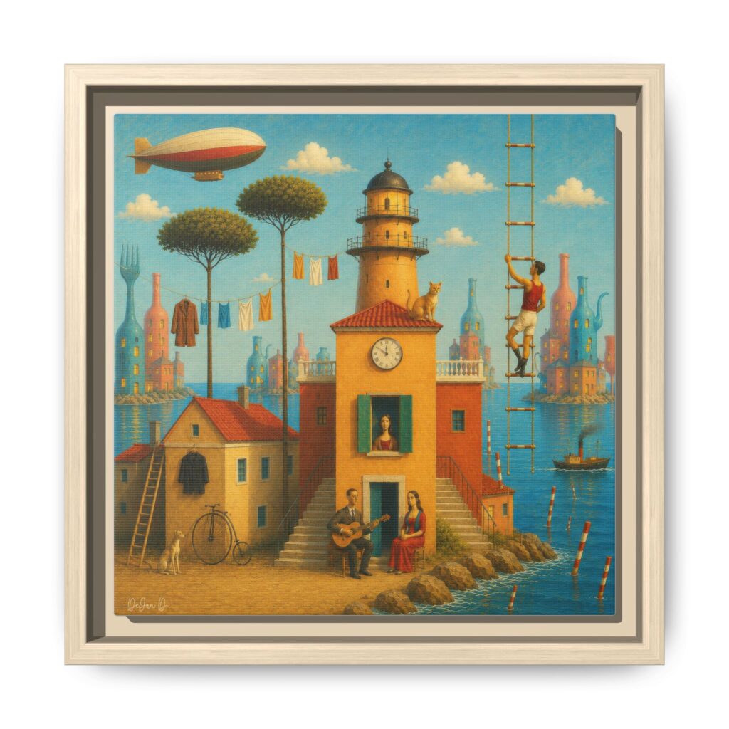 Surreal Coastal Lighthouse Matte Framed Canvas Print