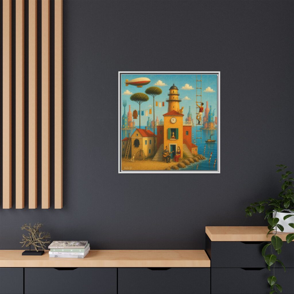 Surreal Coastal Lighthouse Matte Framed Canvas Print