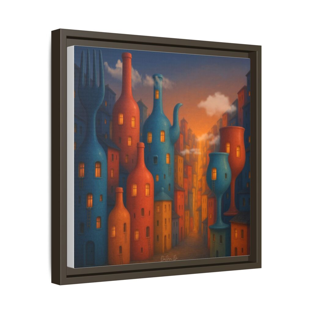 Metropolis of Bottled Souls – Surreal Cityscape Framed Canvas — Colorful Bottle-Building Wall Art