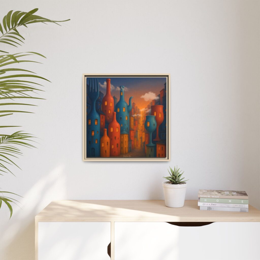 Metropolis of Bottled Souls – Surreal Cityscape Framed Canvas — Colorful Bottle-Building Wall Art