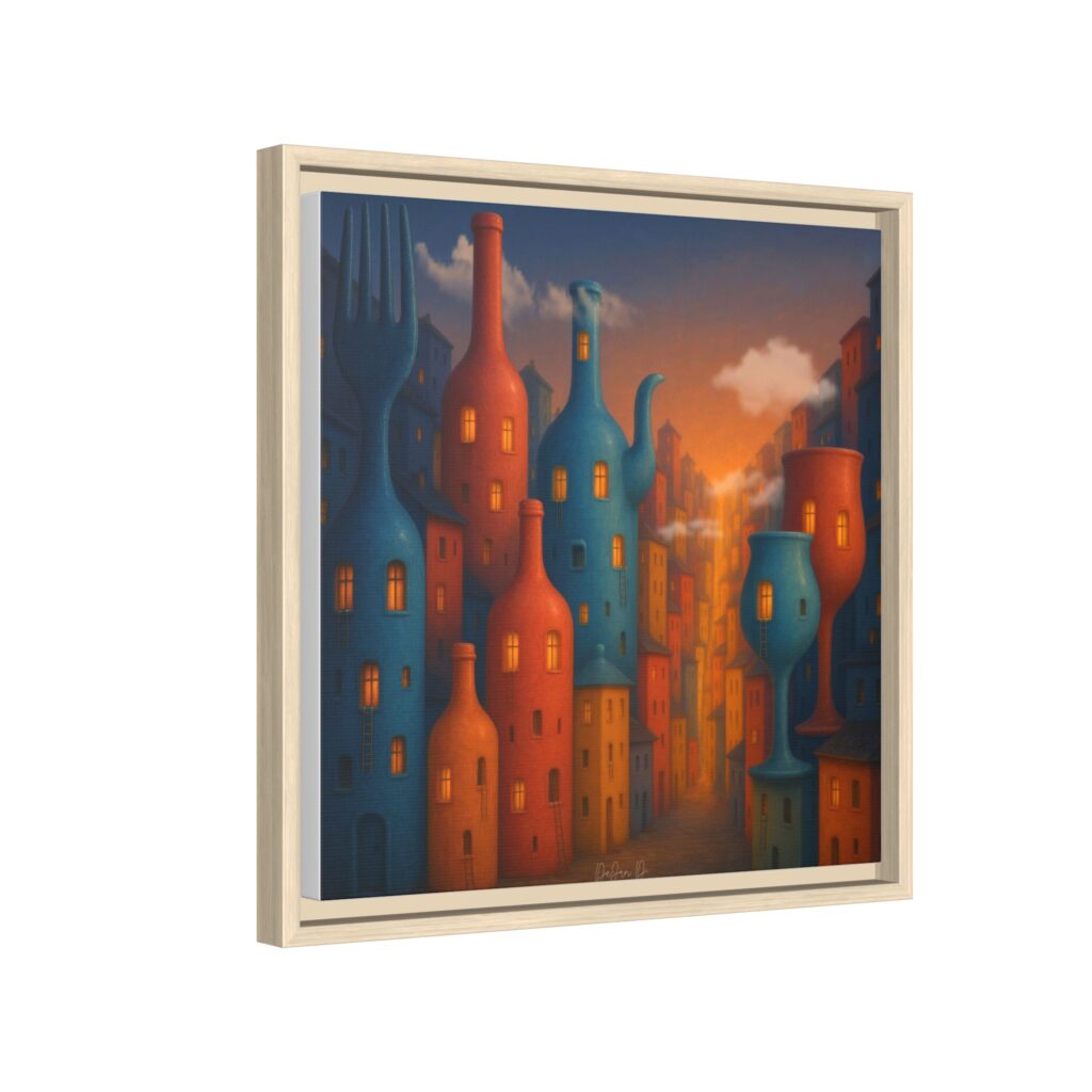 Metropolis of Bottled Souls – Surreal Cityscape Framed Canvas — Colorful Bottle-Building Wall Art