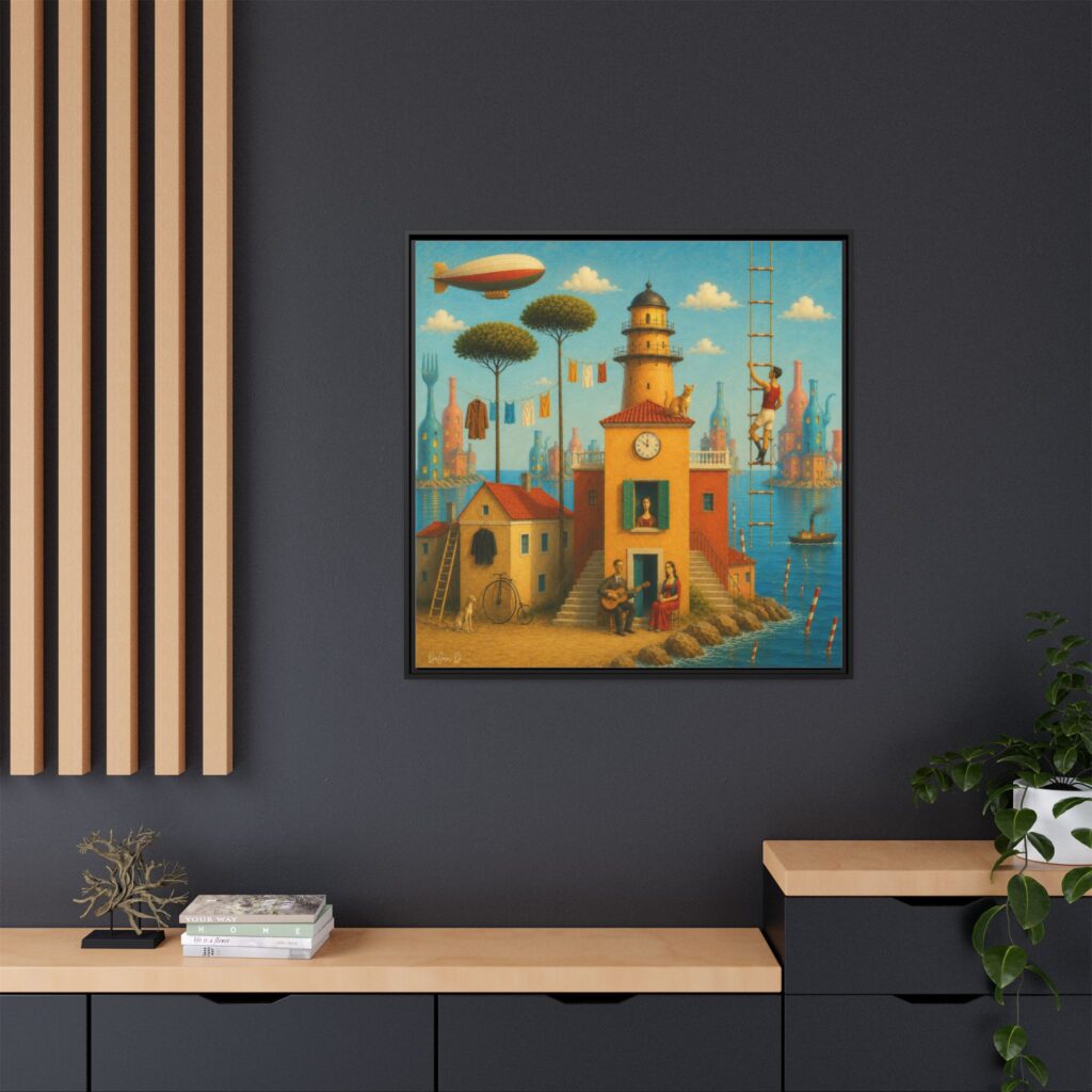 Surreal Coastal Lighthouse Matte Framed Canvas Print