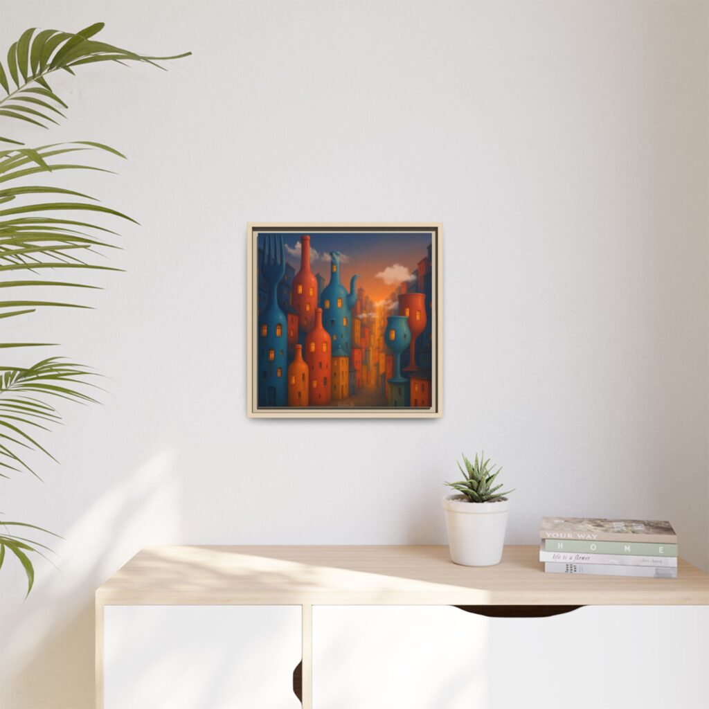 Metropolis of Bottled Souls – Surreal Cityscape Framed Canvas — Colorful Bottle-Building Wall Art