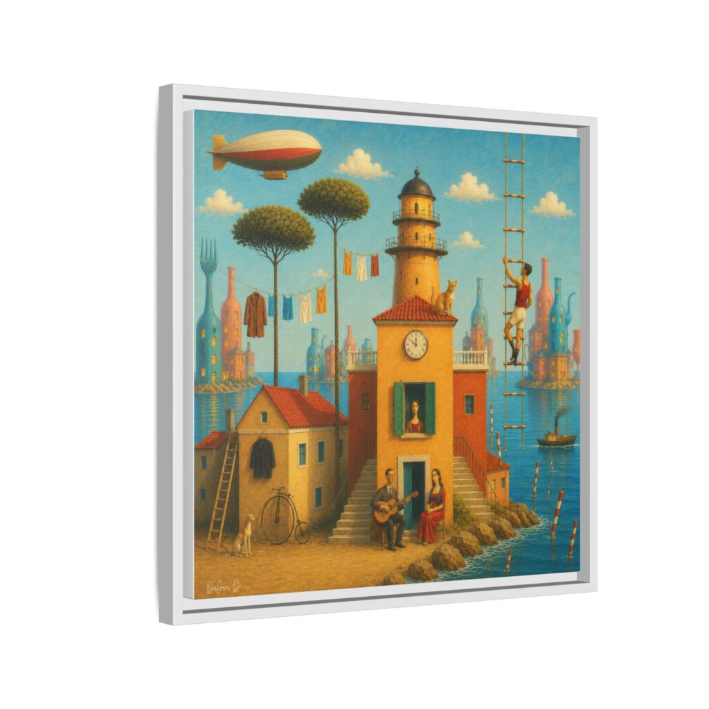 Surreal Coastal Lighthouse Matte Framed Canvas Print