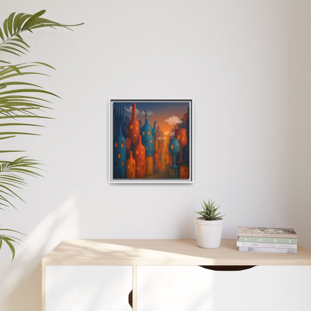 Metropolis of Bottled Souls – Surreal Cityscape Framed Canvas — Colorful Bottle-Building Wall Art
