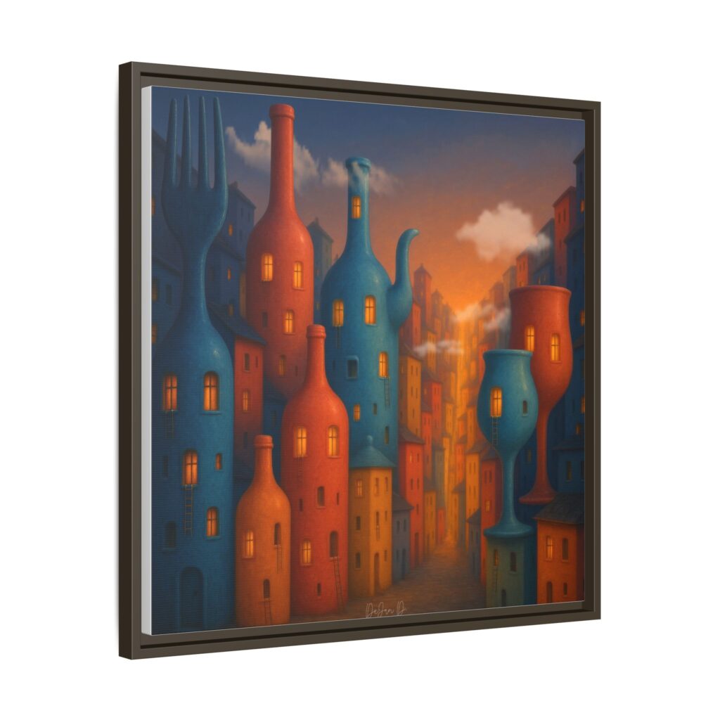 Metropolis of Bottled Souls – Surreal Cityscape Framed Canvas — Colorful Bottle-Building Wall Art