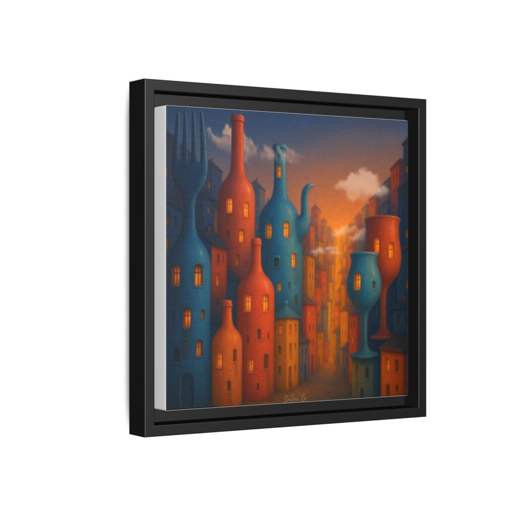 Metropolis of Bottled Souls – Surreal Cityscape Framed Canvas — Colorful Bottle-Building Wall Art
